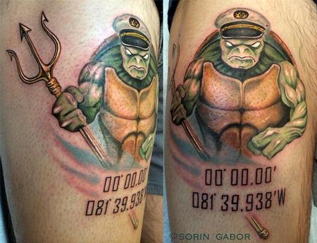 Tattoos - Jacked reaslisic color turtle with trident - 120418